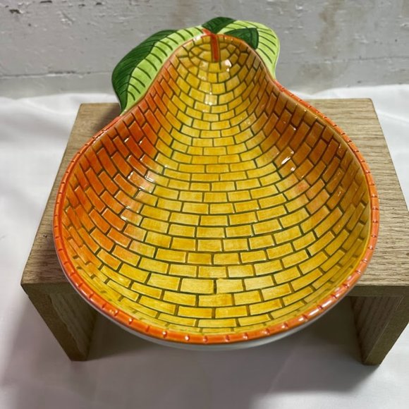 Clay Art Orange Yellow Brick Pattern Pear Dish Spoon Rest Ceramic Pear Trinket - Picture 3 of 8